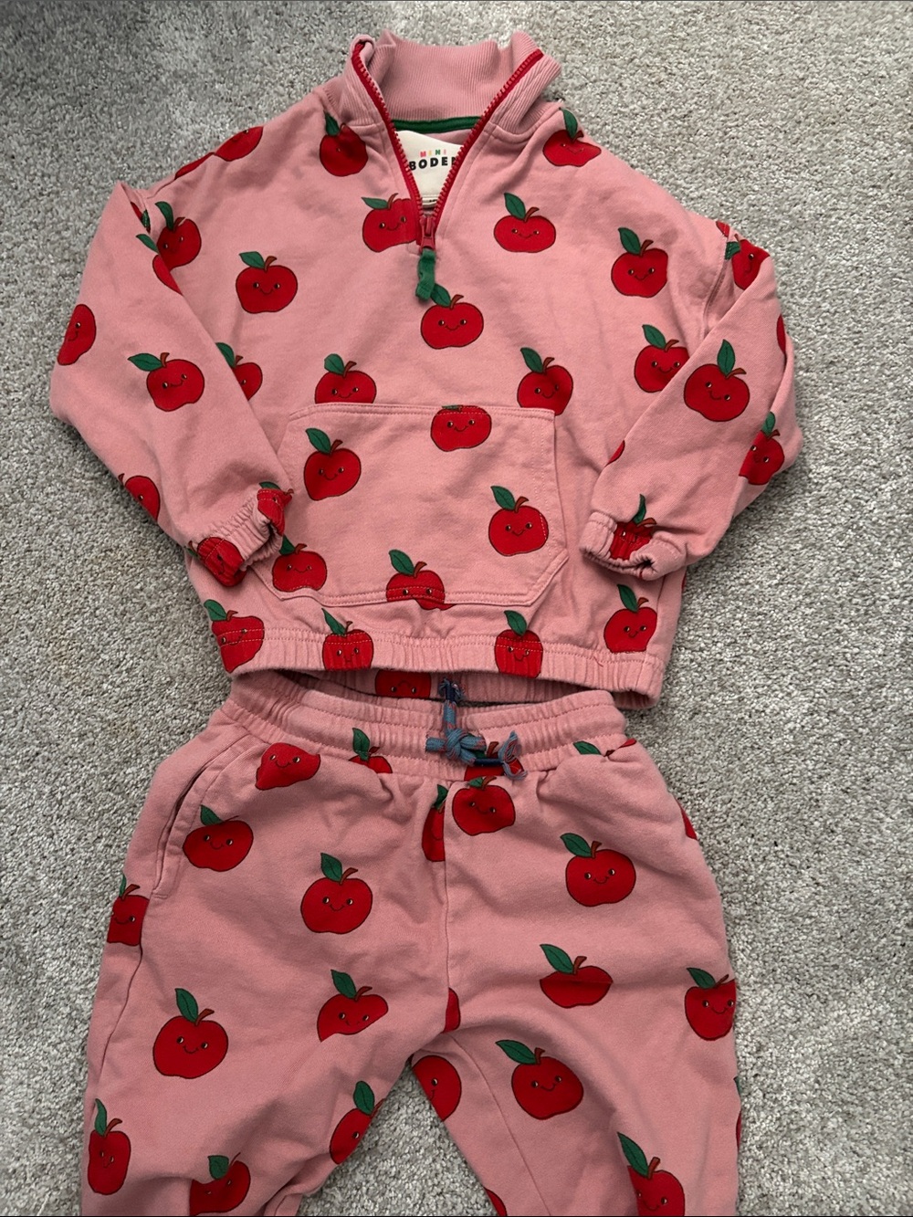 Boden Pink Sweatshirt and Joggers with Red Apple Print
